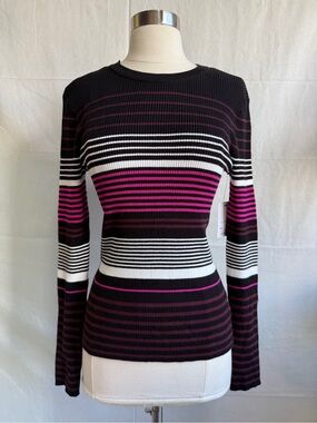 Nine West Black White and Pink Striped Ribbed Long-Sleeve Top